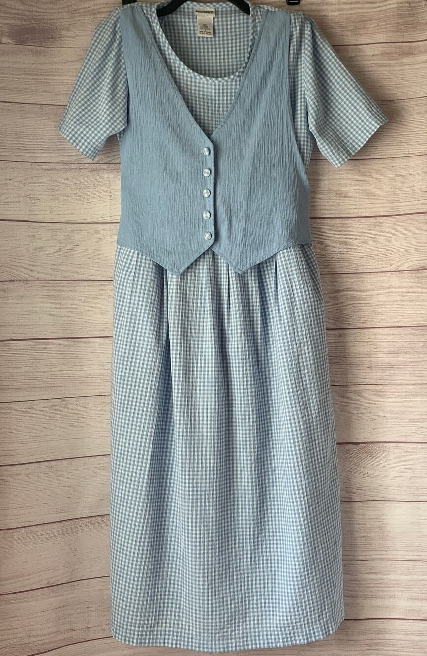 Vintage Koret Blue White Gingham Midi Dress Attached Vest Front Size S